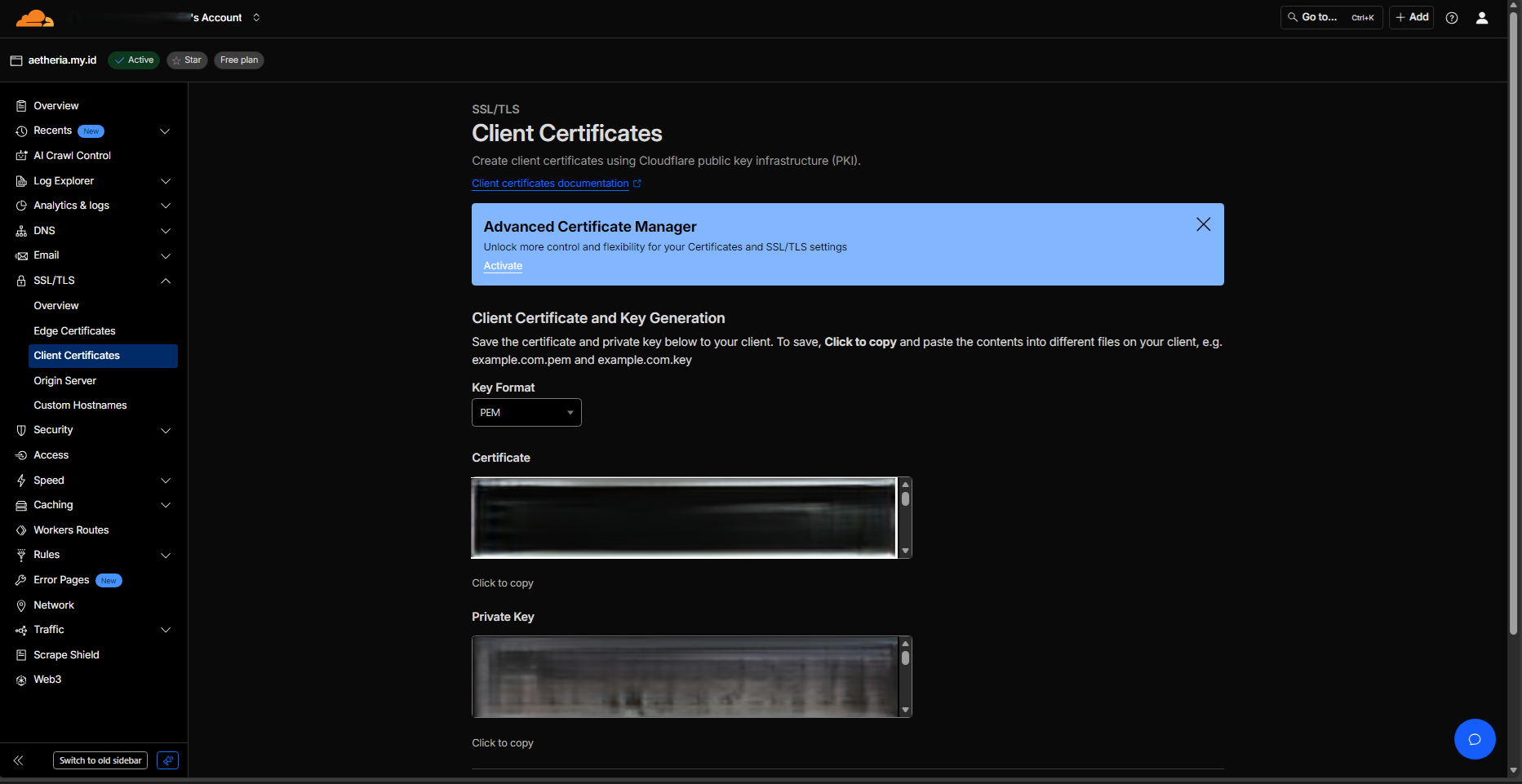 Menu Client Certificates di Cloudflare
