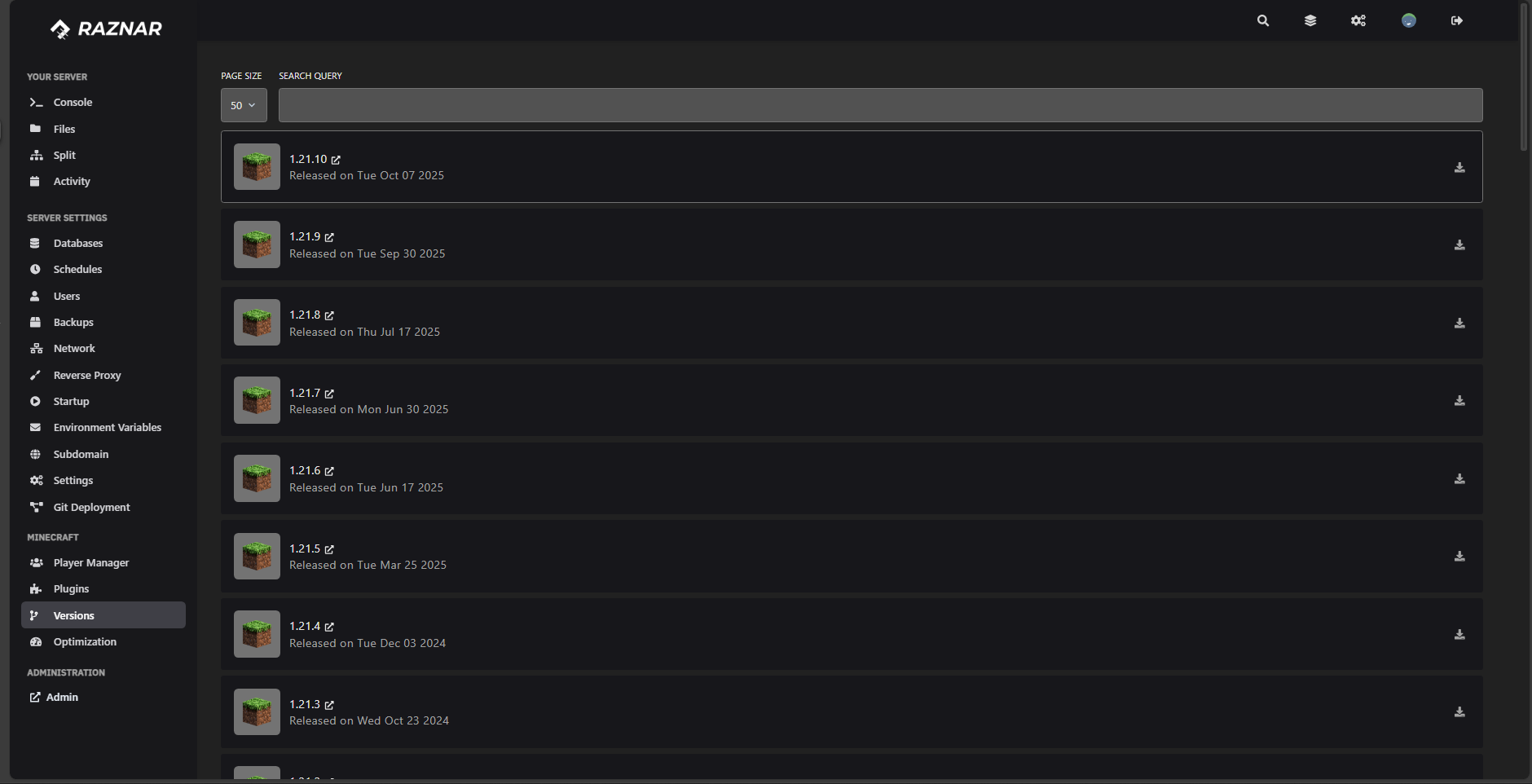 Menu Versions di Panel Raznar