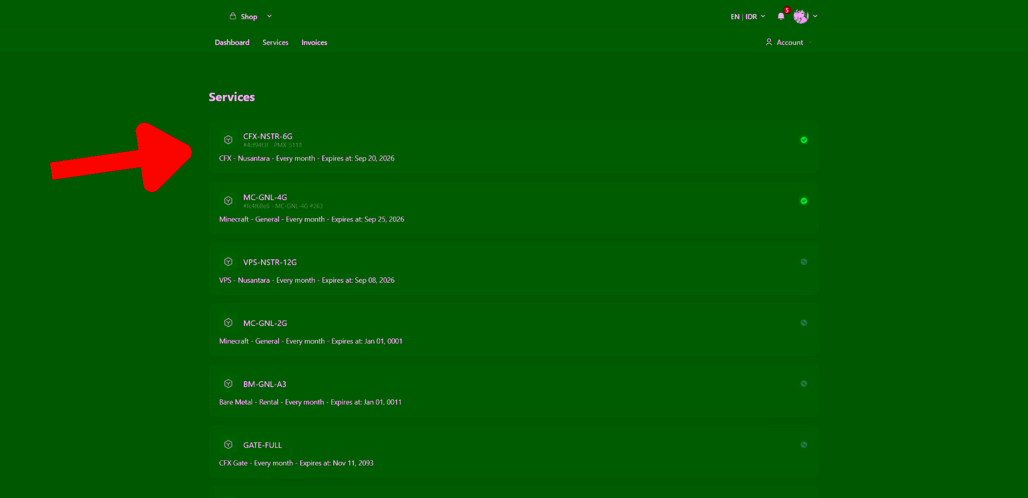 Service list in the Services menu