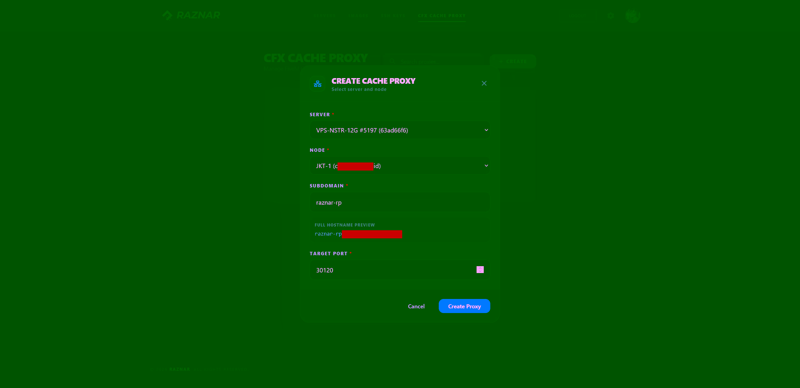Create Cache Proxy form