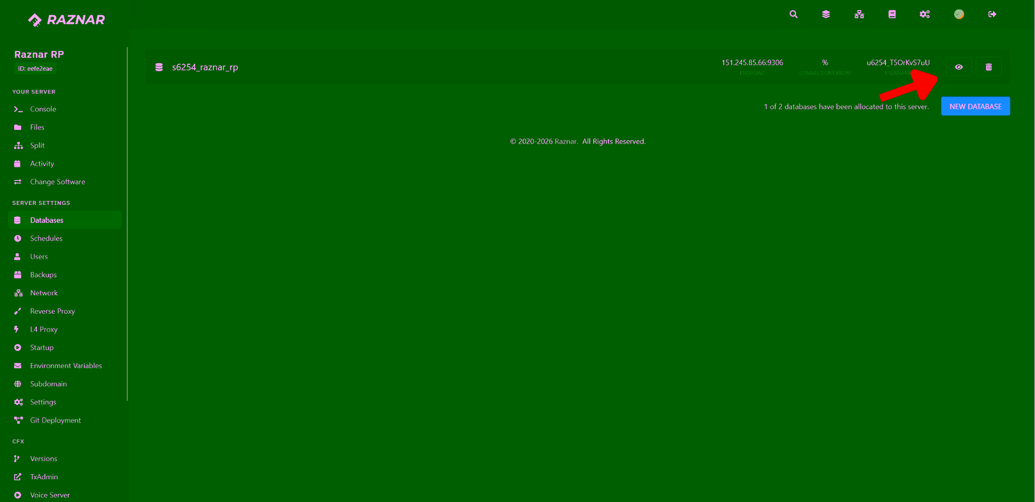 Databases menu in the Control Panel