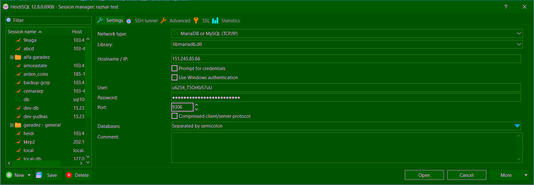 Filling in a new session in HeidiSQL