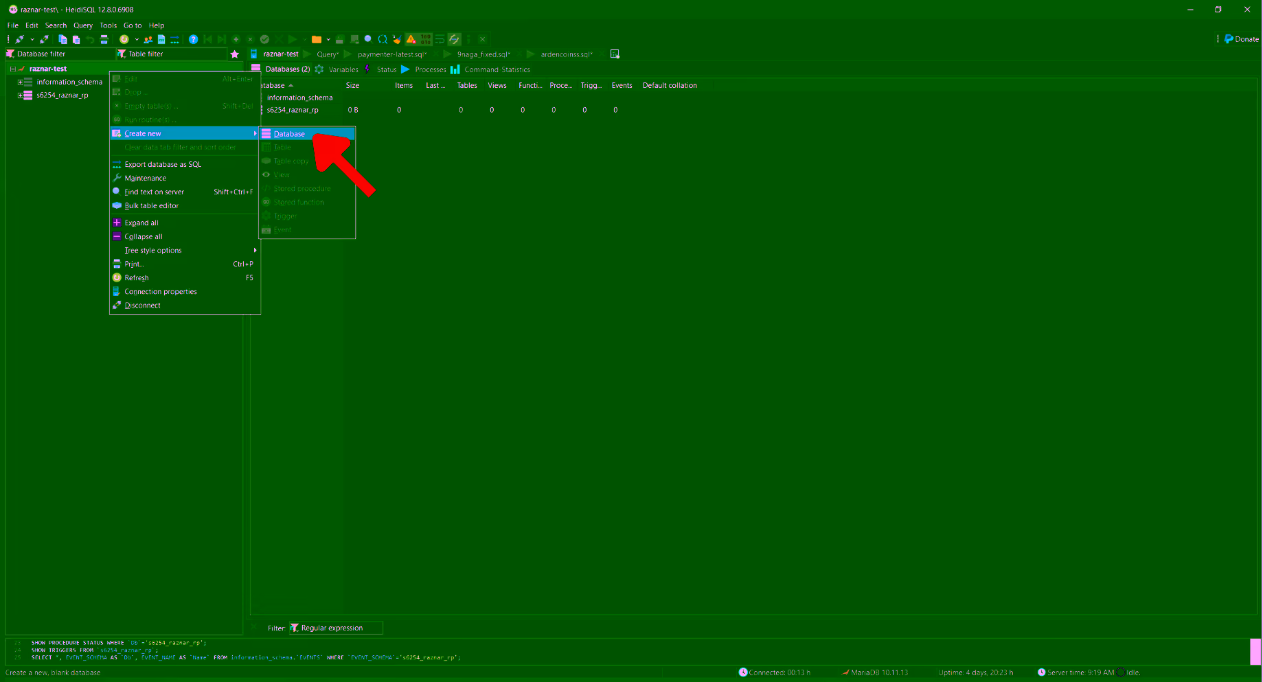 Creating a new database via the menu