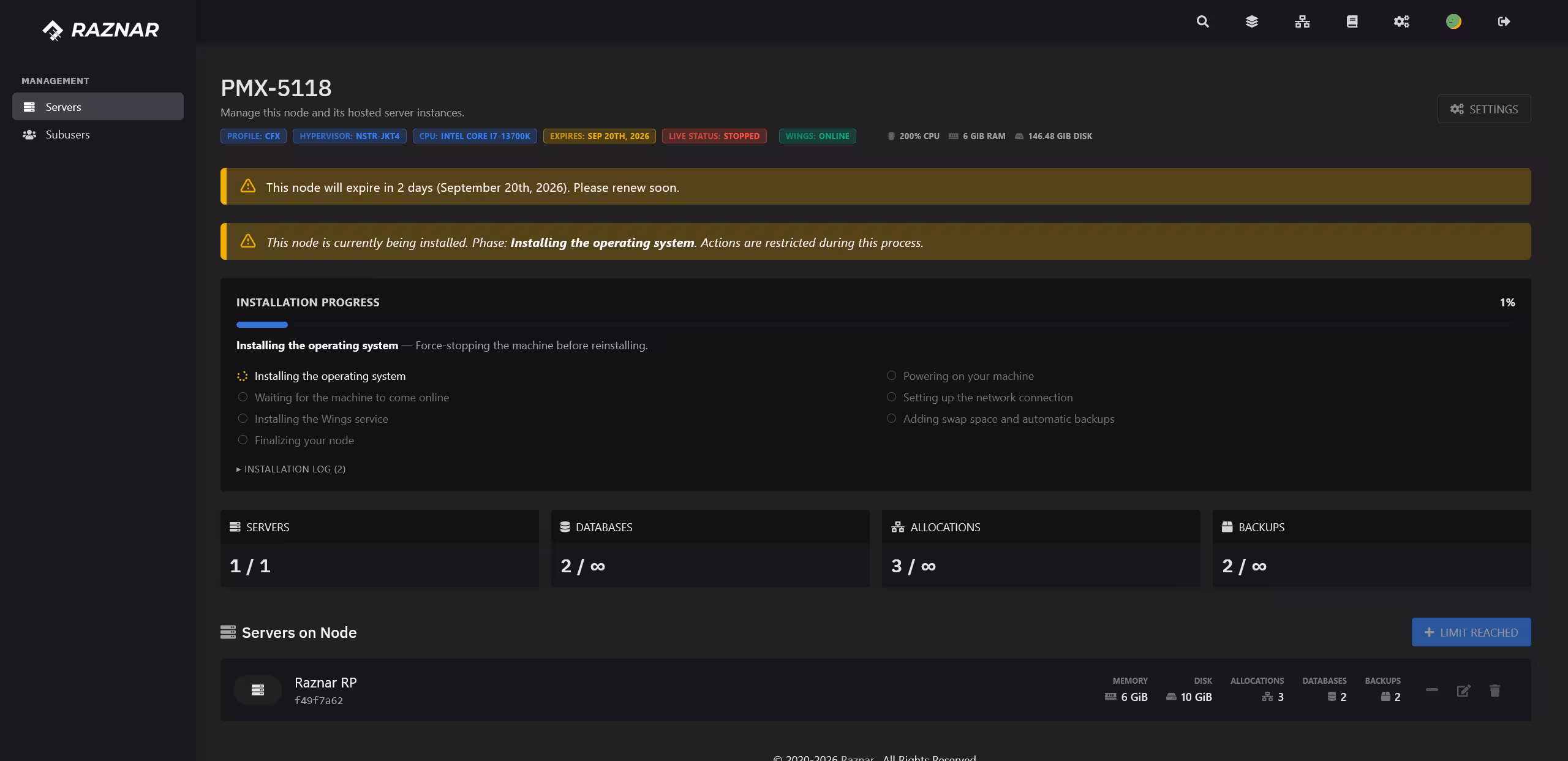 Hyper Node install status in the panel