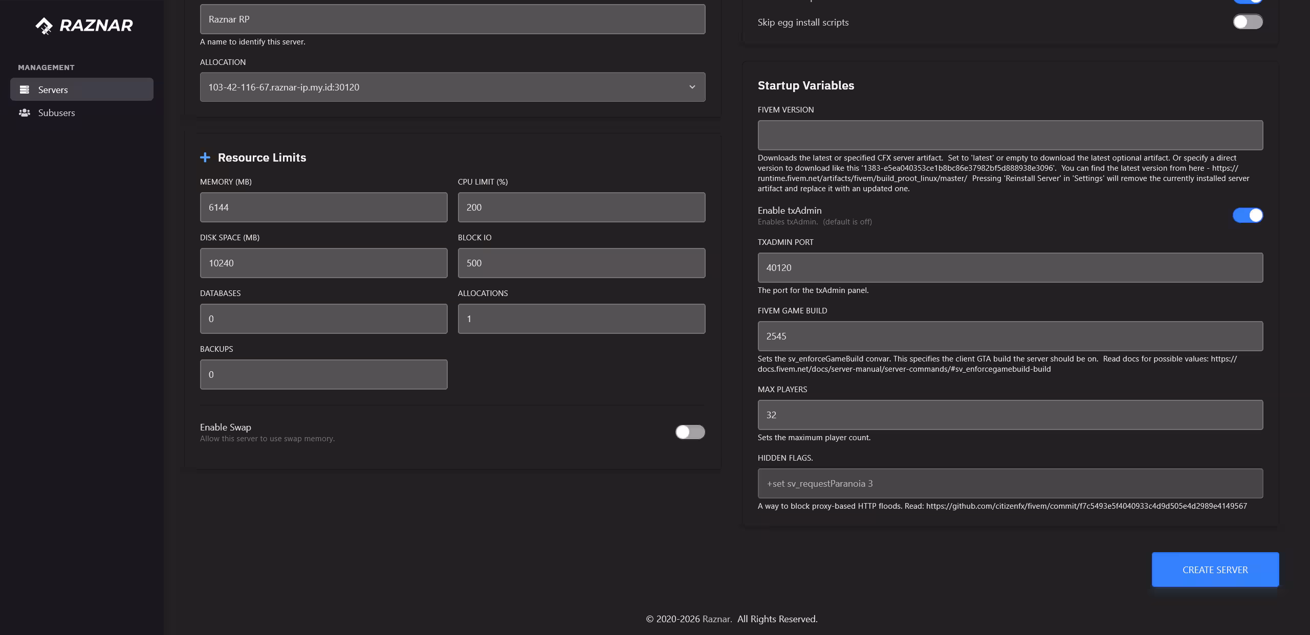 Resource limits and startup variables in the Create Server form