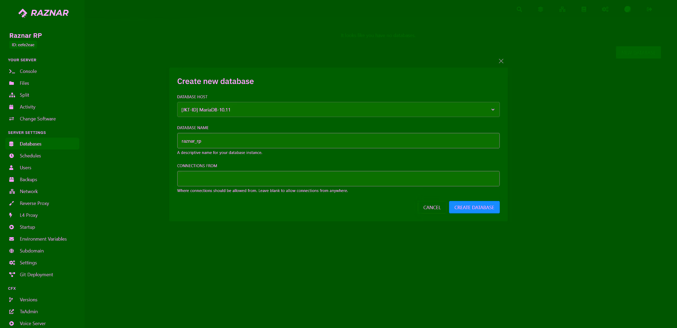 Create Database form in the Databases menu