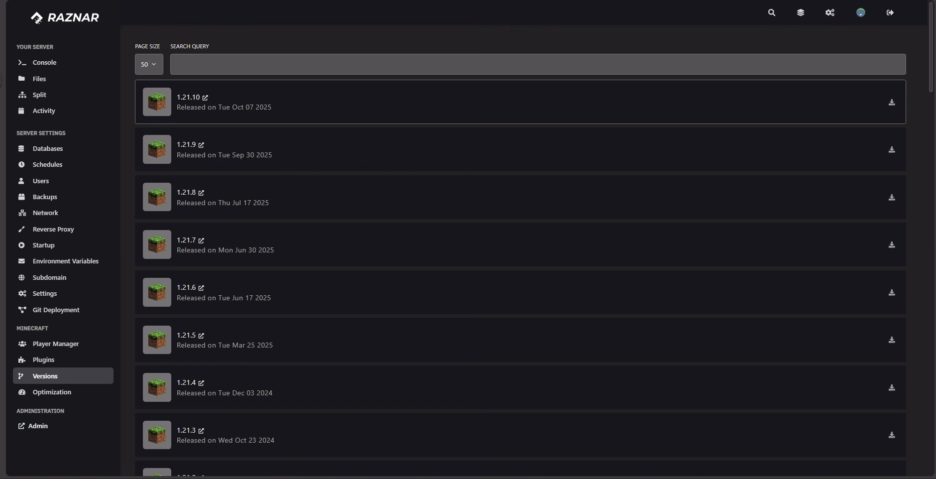 Versions Menu in the Raznar Panel